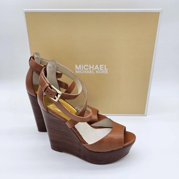 Michael Kors Gabriella Leather Wedge Sandals, Tan brown, Size 5.5 - Picture 1 of 13
